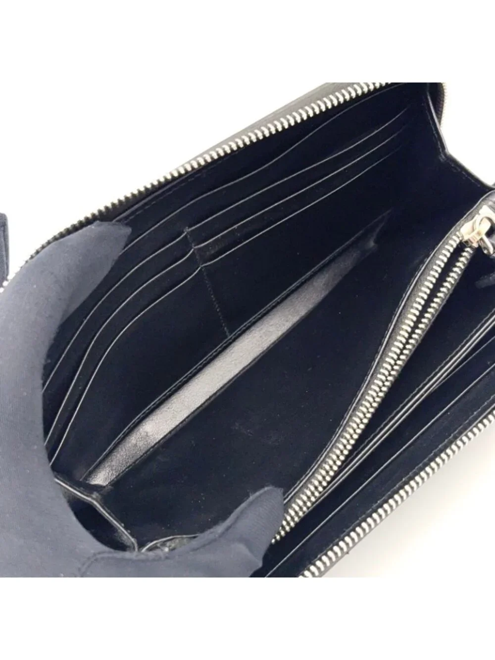 Prada Saffiano Embossed Logo Zip Around Leather Black Wallet Silver